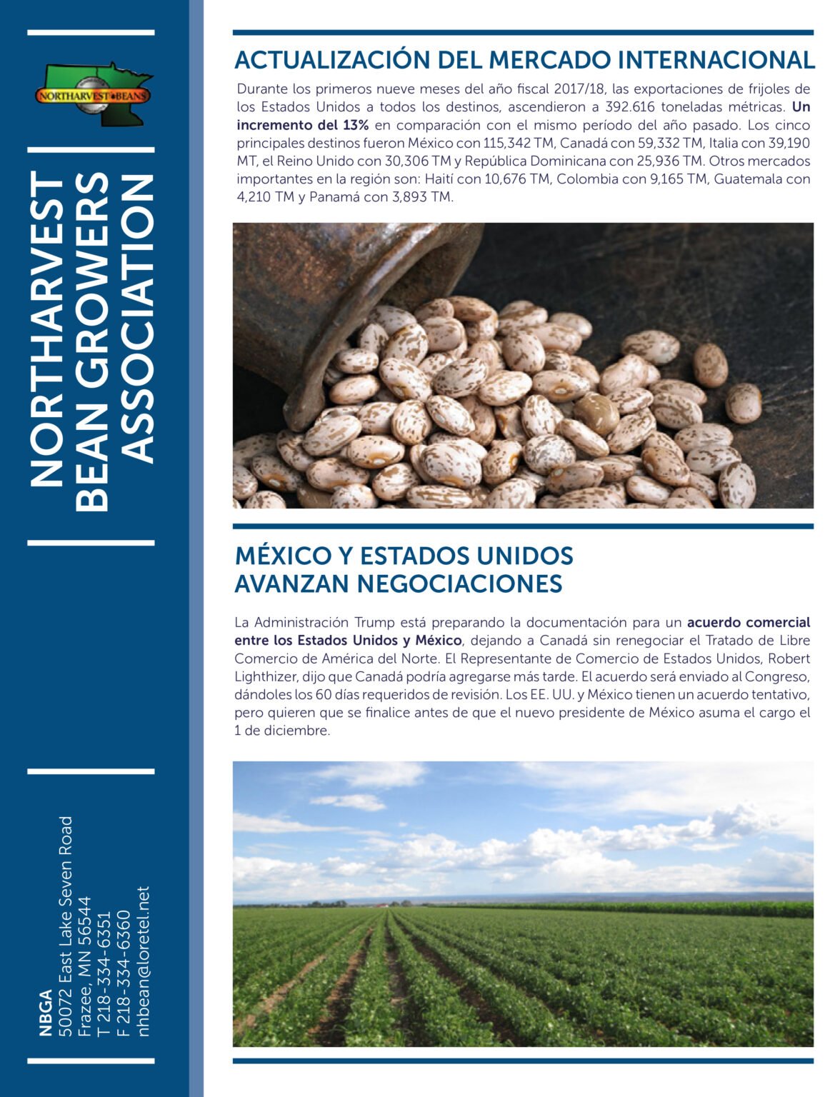 Document with bean export data and agricultural field for Northwest Bean Growers Association.