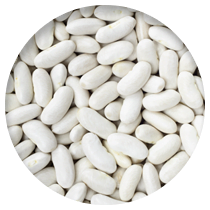 Close-up of white beans in a circular frame.